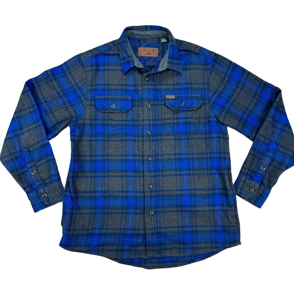 Orvis Men's Medium Big Bear Flannel Long Sleeve Shacket Hand Warmers Blue Grey